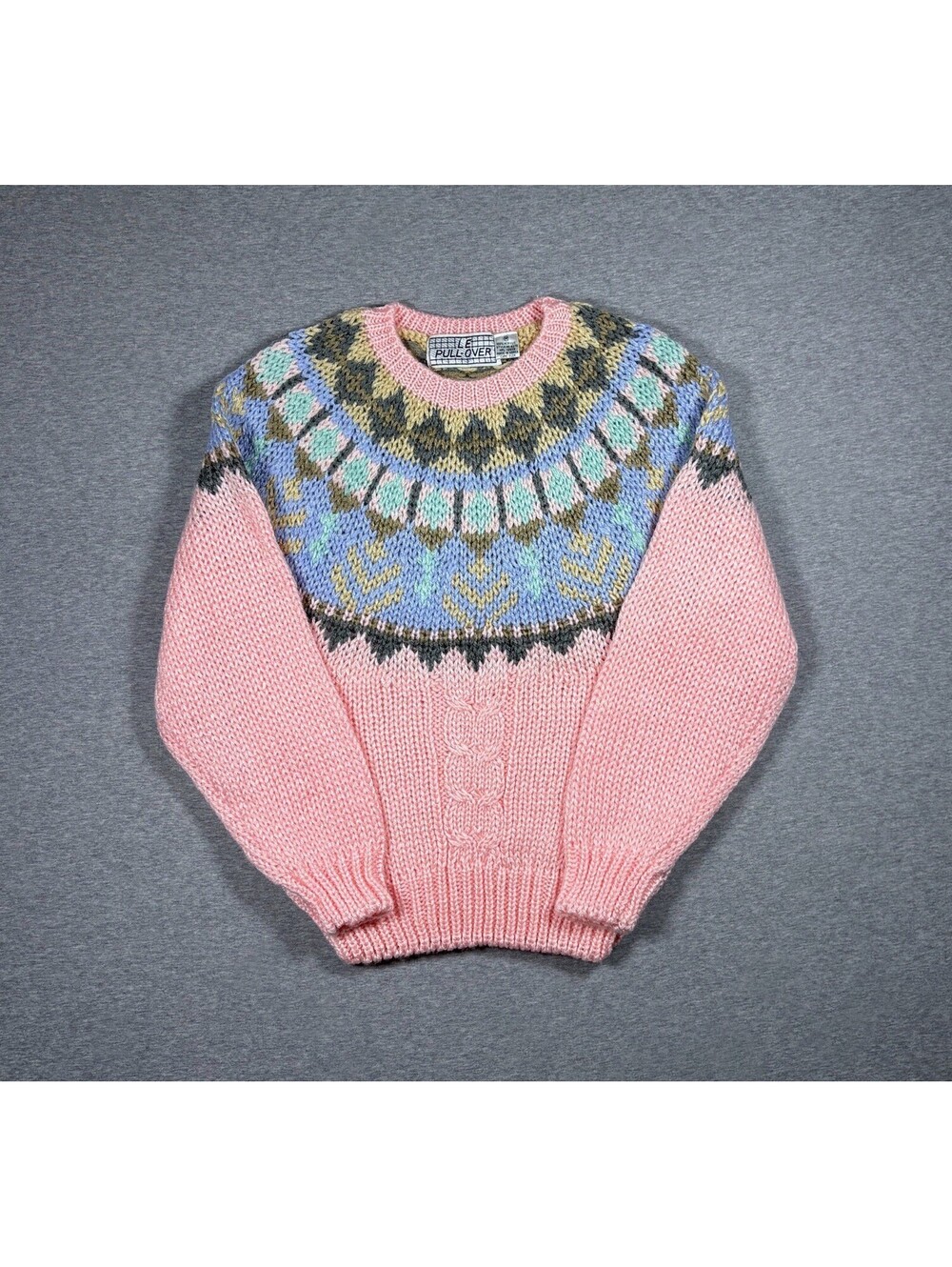 Vintage Le Pull-Over Fair Isle Yoke Sweater Pink Pastel Womens M Cottagecore 80s